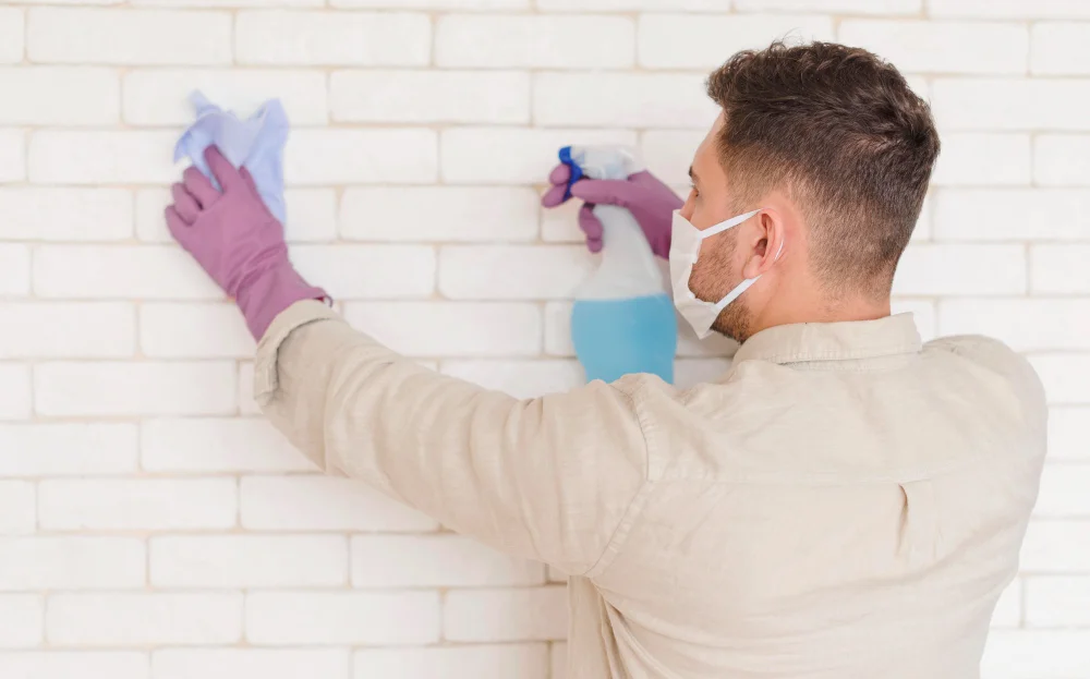 Como tirar gancho adesivo da parede 4 medium shot man disinfecting wall 1